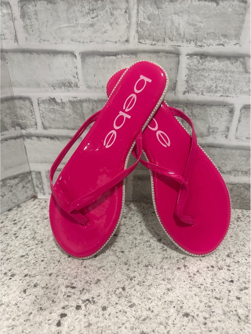 bebe Women's Hot Pink Flip Flop Sandals with Rhinestones, Size 9